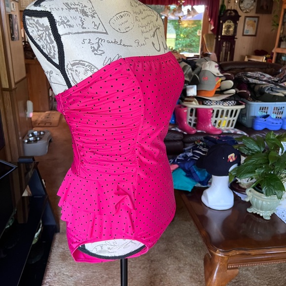 Jantzen One Piece Swimsuit Bathing Suit Strapless Ruffle Hot Pink Polka Dot 14. - Picture 6 of 16